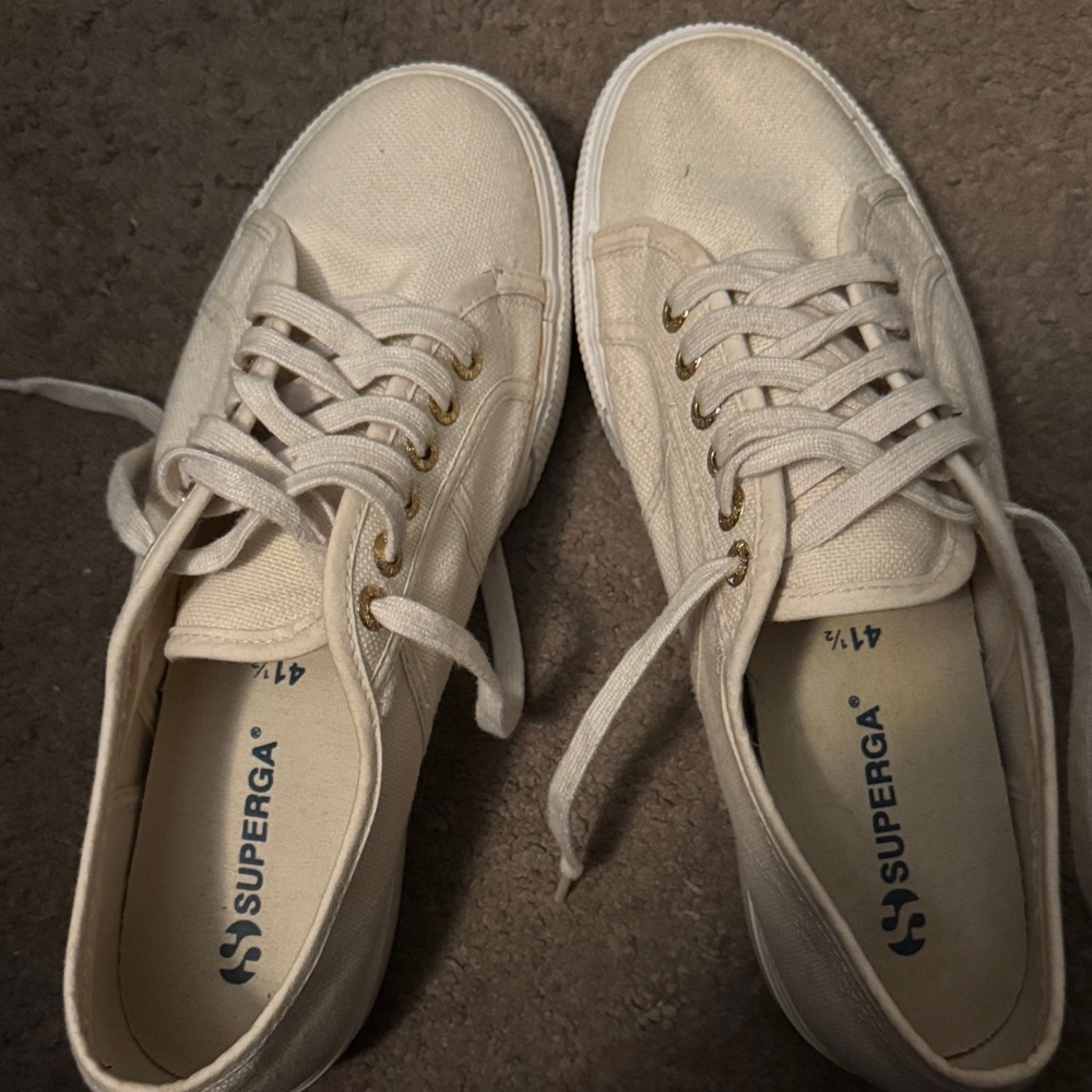 Superga Low-Top Canvas Platform Sneakers in Off-White with Gold Eyelets
